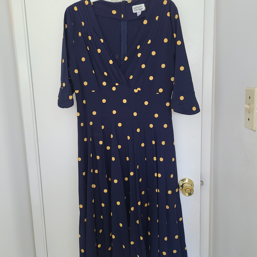 Unique Vintage Navy Polka Dot Dress
